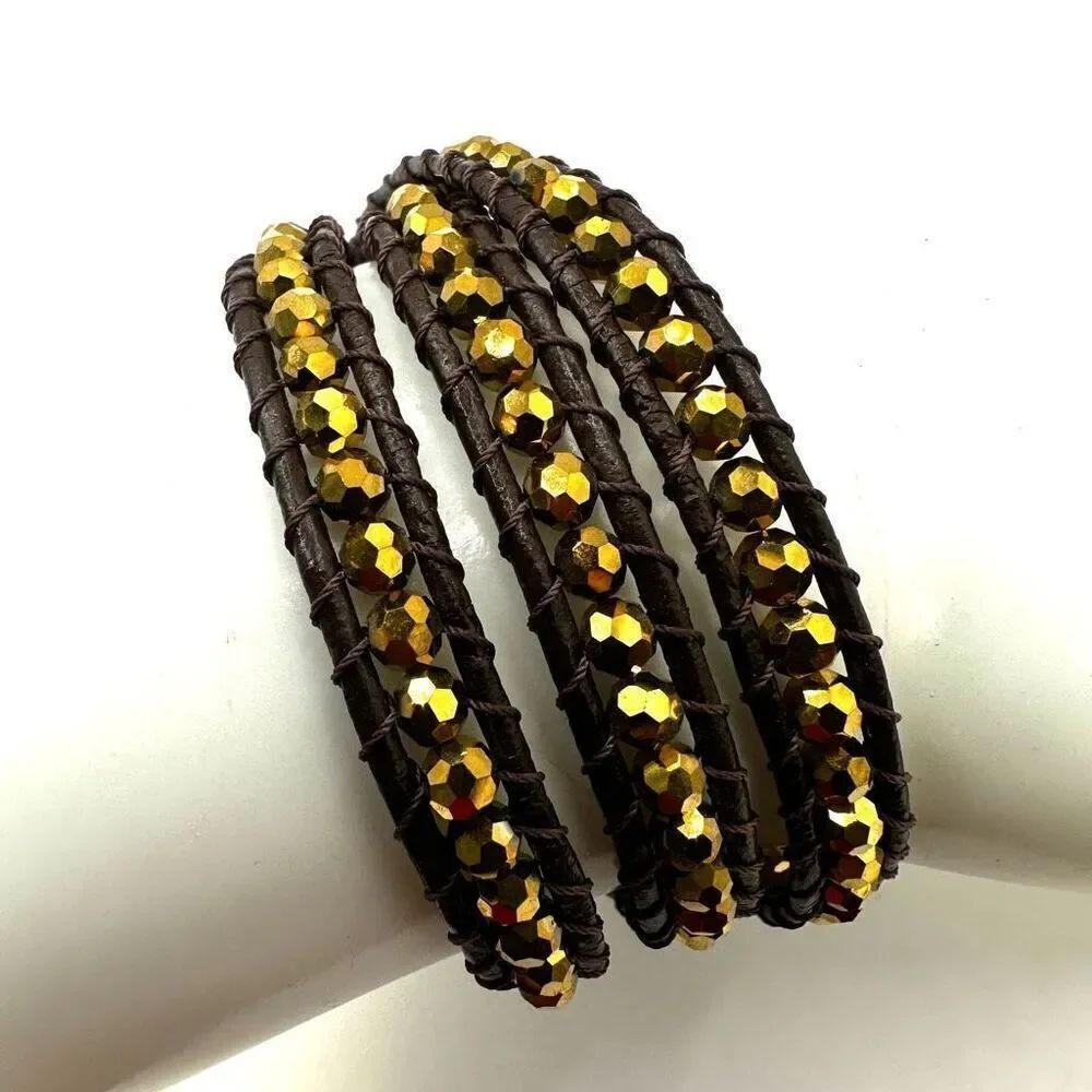Gold tone beaded and brown wrap around bracelet
